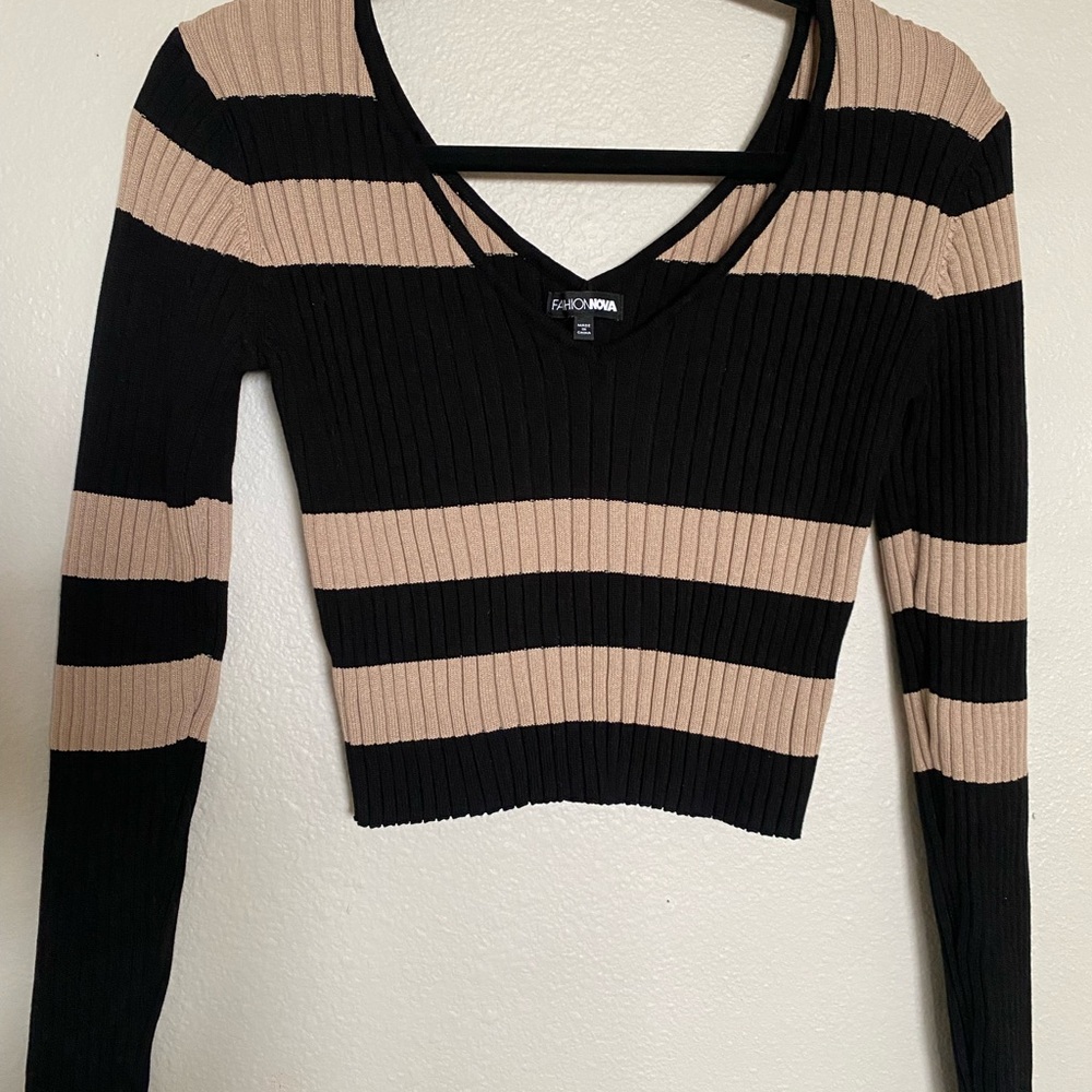 Fashion Nova Black and Tan Striped Ribbed Top